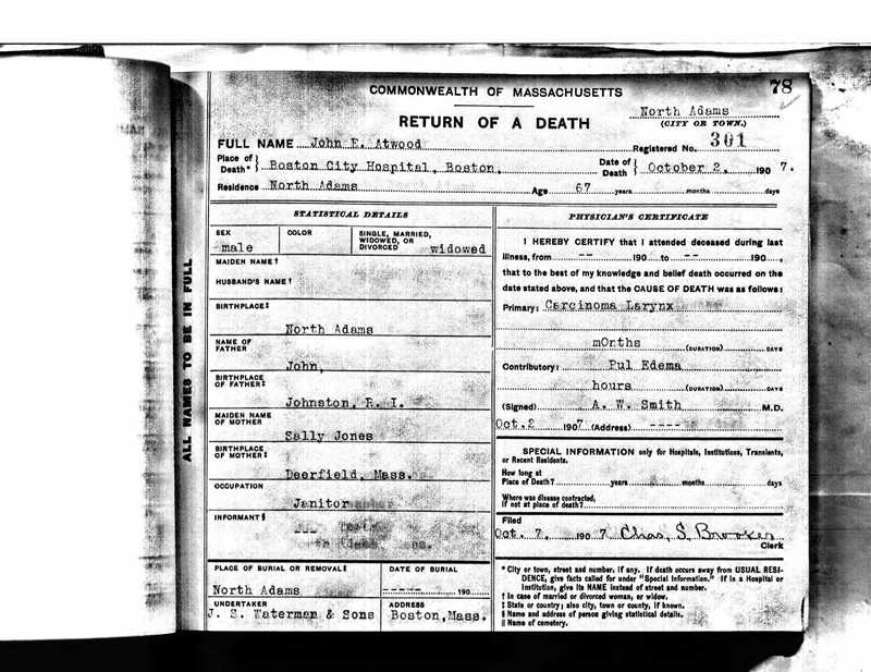 Death Certificate for John Atwood