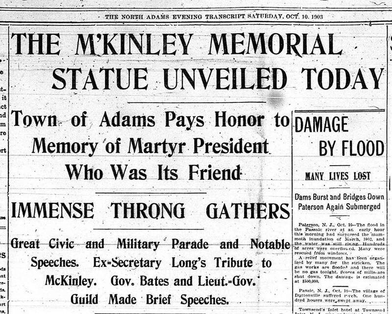 1903 newspaper account of the unveiling of the McKinley statue in Adams.