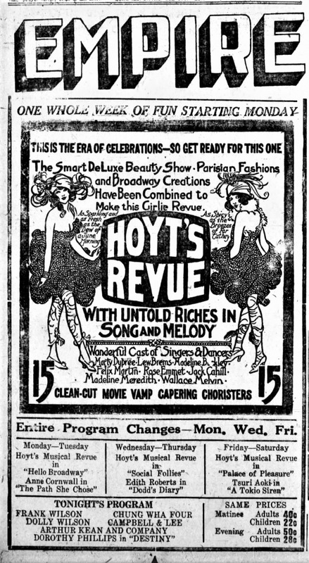 Advertisement for Hoyt's Revue at the Mohawk Theater in 1920.