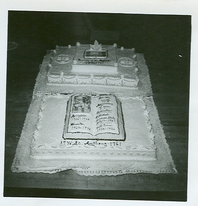 Cake celebrating the burning of mortgage of St. Anthony Catholic Church in 1961.
