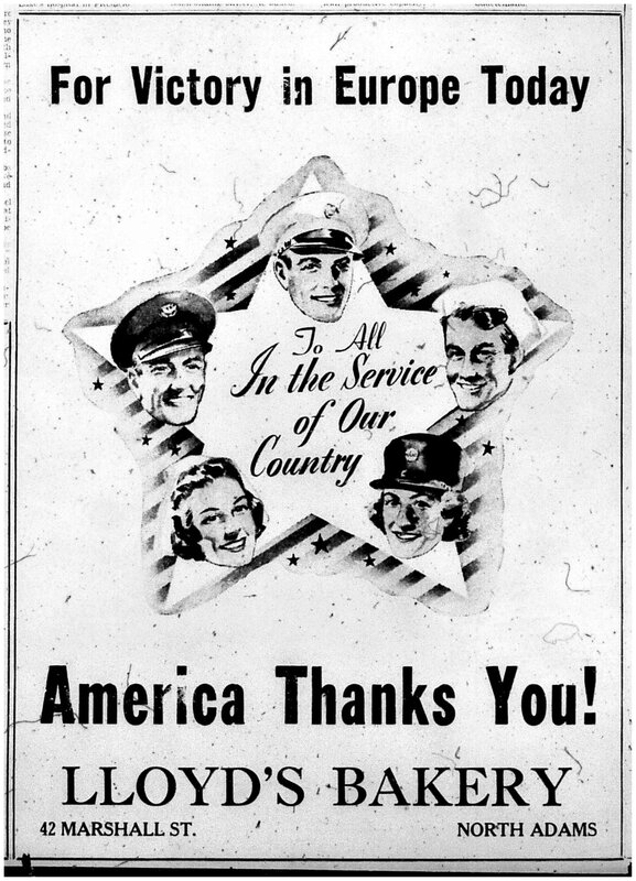 Lloyd’s Bakery didn’t wait for the official V-E announcement.  This ad was published in the paper on May, 7, 1945.