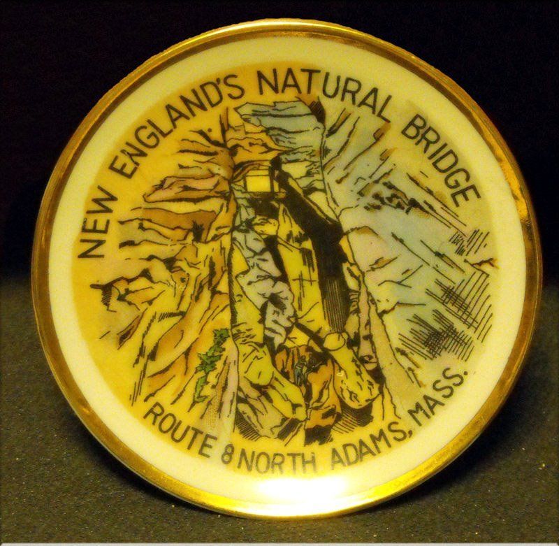 New England's Natural Bridge souvenir plate with gold rim. Porcelain - 4" diameter - circa ~ 1950's.