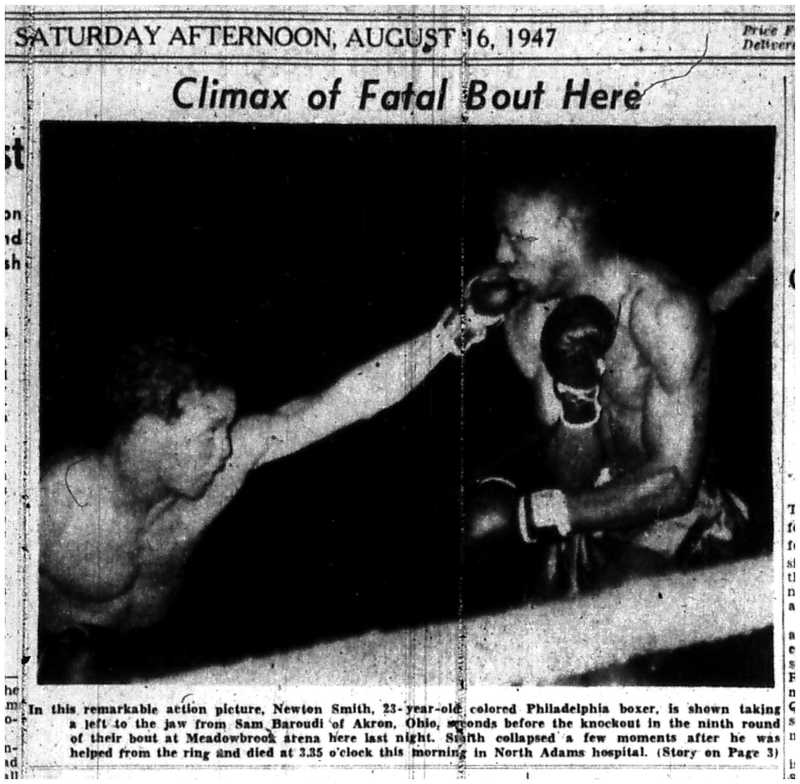 Photo of Sam Baroudi vs. Newton Smith boxing match at Meadowbrook Arena, August 15, 1947