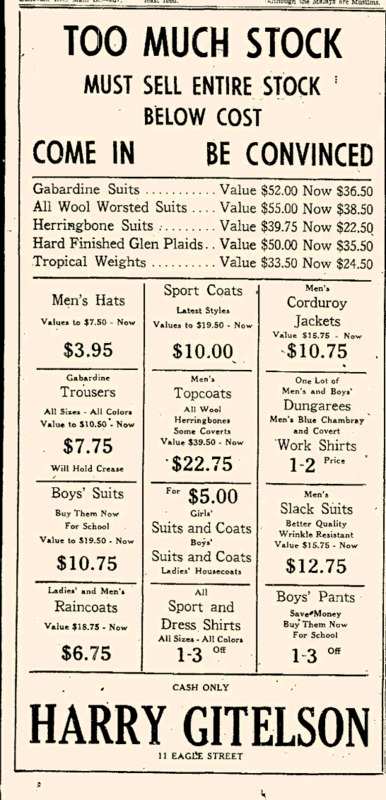 Advertisement for Harry Gitelson Clothing Store