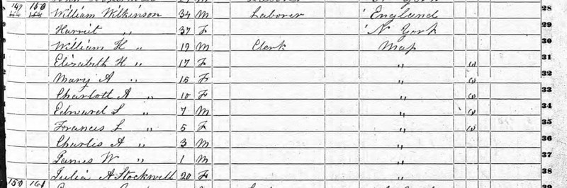 Census record from 1850 for the Wilkinson family. William was a laborer originally born England, while his wife Harriet was born in New York. In 1850 the couple had eight children, Elizabeth and her brother William H. were the oldest both aged seventeen and were potentially twins. Next they had three girls and three boys. <br />
Massachusetts, Berkshire County, 1850 U.S Census, population schedule, Digital images. Ancestry.com. November 7, 2017. http://ancestry.com.