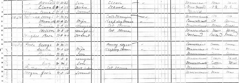 Only two years after the death of Elizabeth, Henry had already married Harriet Soper. This is their 1880 census record. The couple live with Henry’s two daughter Mary and Helen. At this point Mary and Harriet are the same age. Mary E is also listed under the nickname Minnie here. <br />
Massachusetts, Berkshire County, 1880 U.S Census, population schedule, Digital images. Ancestry.com. November 15, 2017. http://ancestry.com.