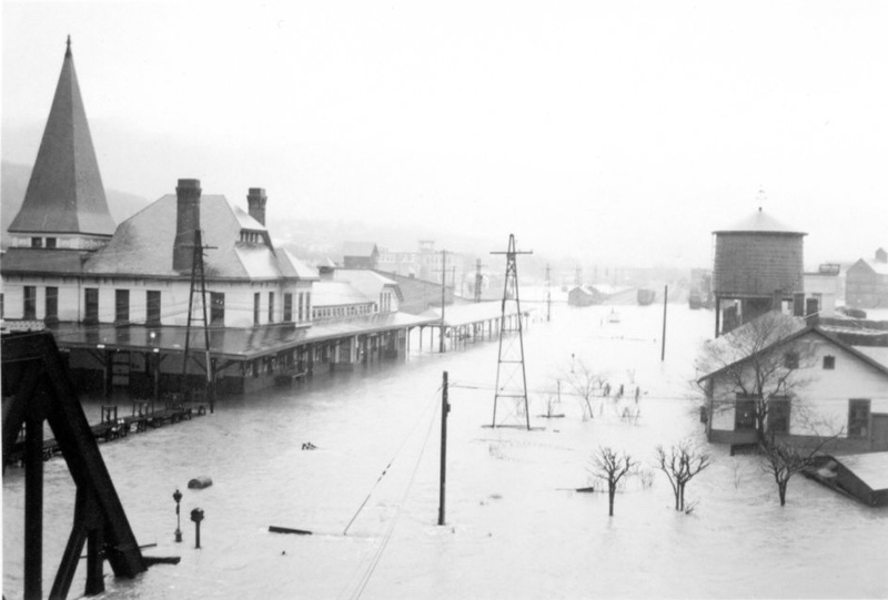 The flooded North Adams train depot.