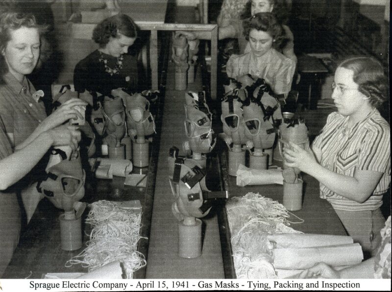 Sprague Electric Workers Tying, Packing, and Inspecting Gas Masks during WWII.