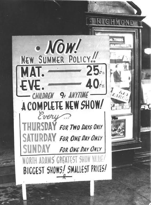 Placard showing prices for performances given at the theater.